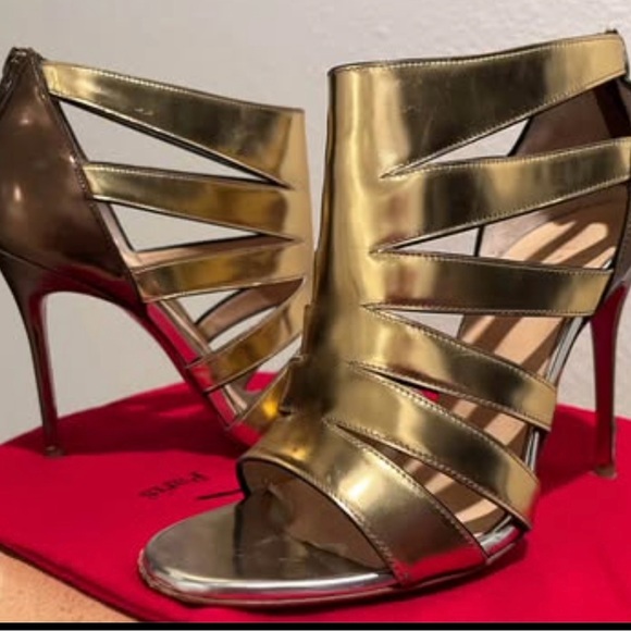 Christian Louboutin Gold Heels with Strappy Design and High Stiletto - Picture 3 of 6